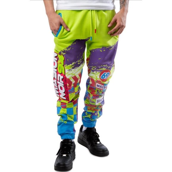 Maison Noir Moto club Men's Pants XL Fleece Joggers all over print Neon Yellow - Picture 6 of 12